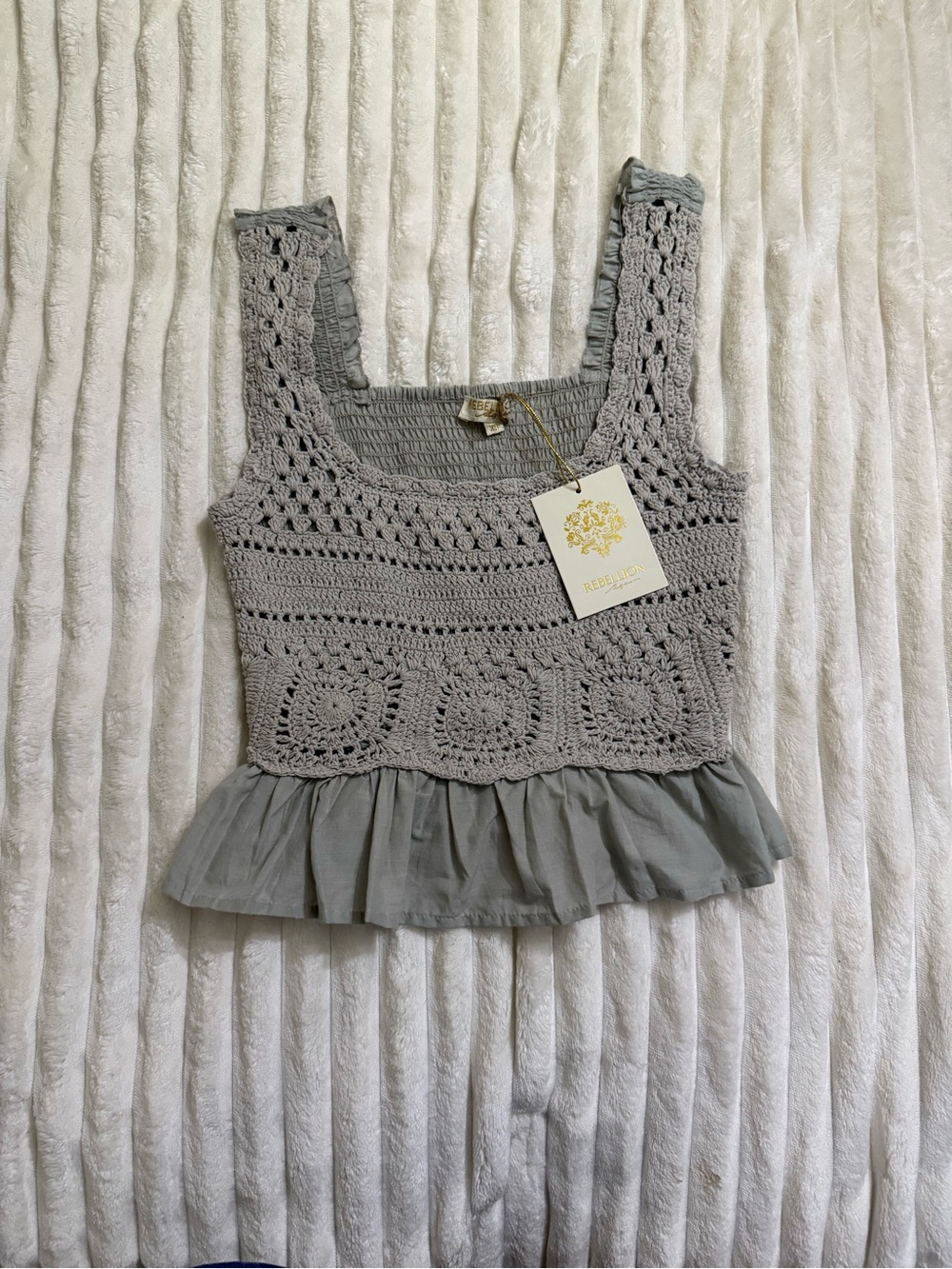 Rebellion Gray Crochet Tank with Ruffle Hem - Picture 1 of 4